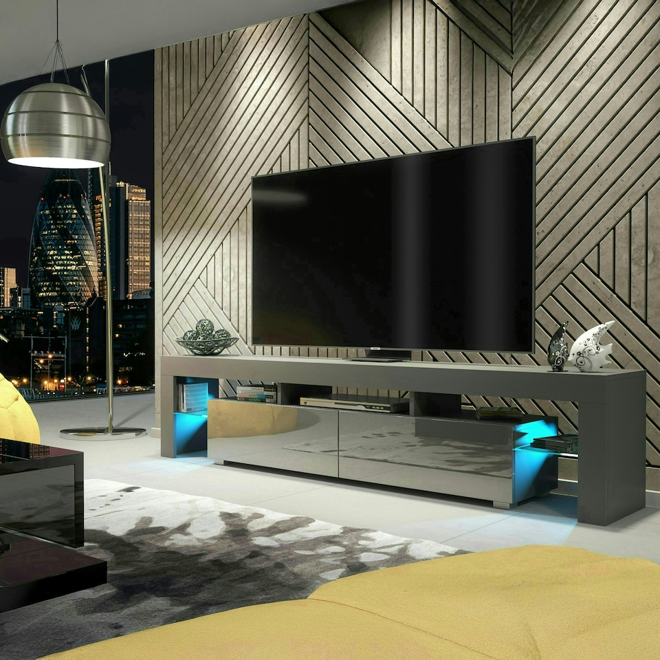 image 1 of TV Unit 200cm Grey Gloss Doors Grey Matt Frame Modern Media Cabinet Grey