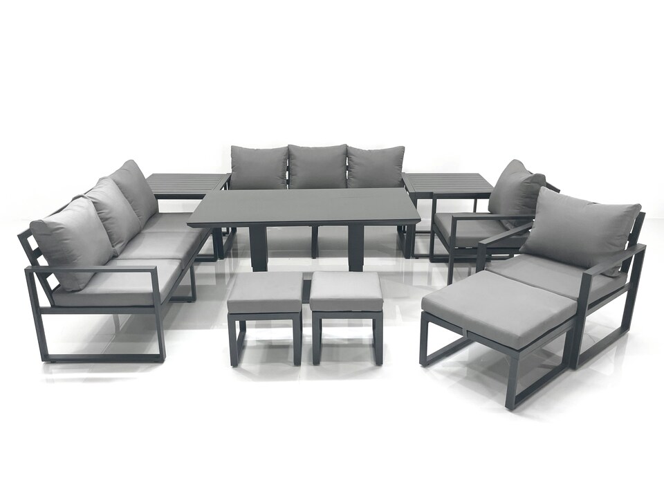 image 1 of Fimous Garden Sofa Set Aluminium Furniture Rising Dining Tabe Set with 2 Chair 3 Footstools 2 Side Tables Dark Grey