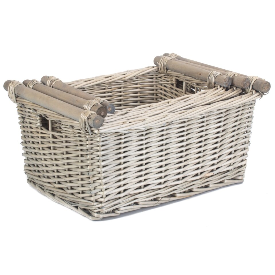 image 1 of Set of 3 Antique Wash Wooden Handled Wicker Storage Basket | Grey | Grey | Not provided