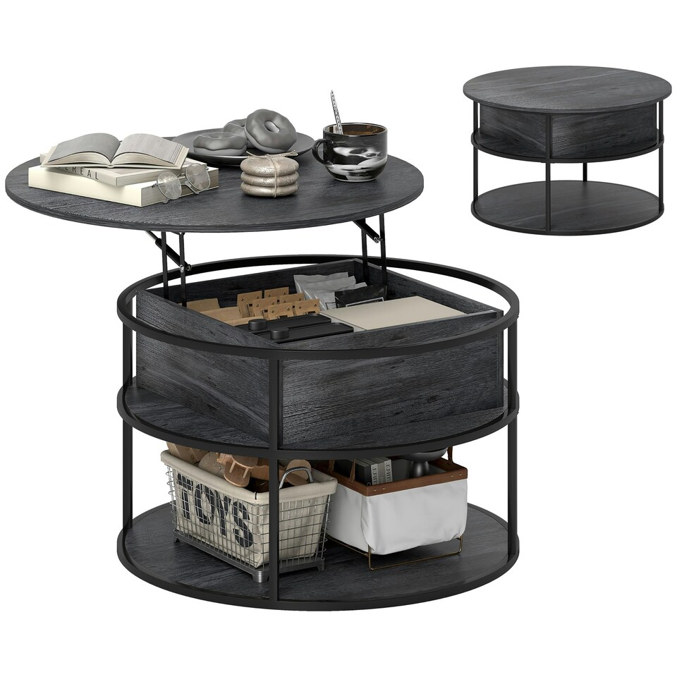 image 1 of HOMCOM Lift Top Coffee Table, Round Coffee Table with Hidden Storage, Grey Grey