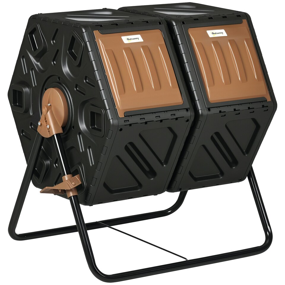 image 1 of Outsunny 130L Compost Bin Dual Chamber Rotating Composter w/ Ventilation Holes Brown | Dark Brown and Black | One Size