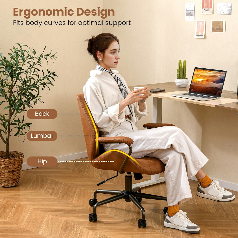 image 1 of COSTWAY Office Chair Mid Century Swivel Computer Desk Chair Brown Brown