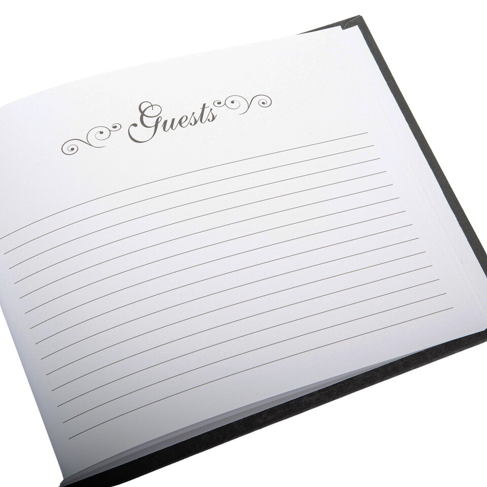 image 1 of Beautiful Black Satin Fabric Wedding Day Guest Book with Silver Floral Decor