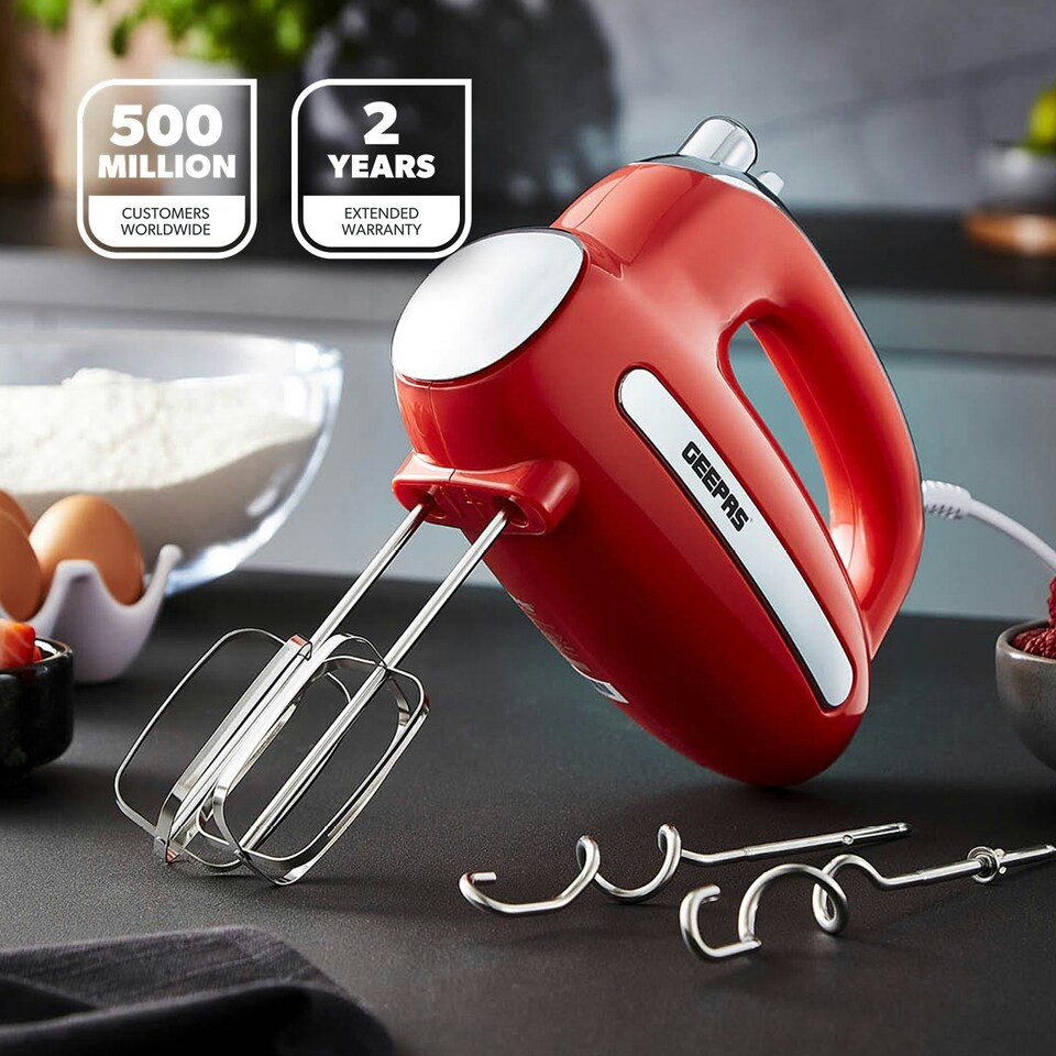 image 1 of GEEPAS Electric Hand Mixer 5 Speeds & Turbo Electric Whisk, Retrovive Red