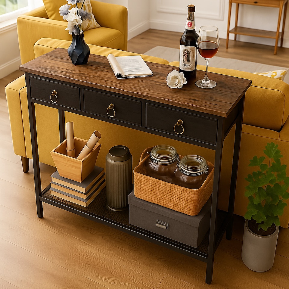 image 1 of Slim Hallway Console Table with 3 Non-Woven Drawers