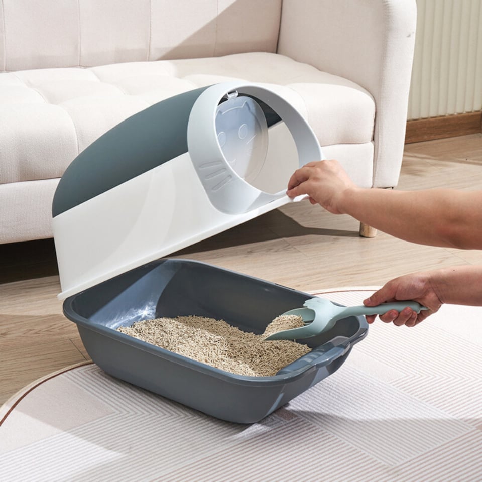 image 1 of Hooded Cat Litter Tray with Flap Door - Covered High-Sided Litter Box - Anti-Spill Easy Clean Indoor Toilet for Cats and Kittens