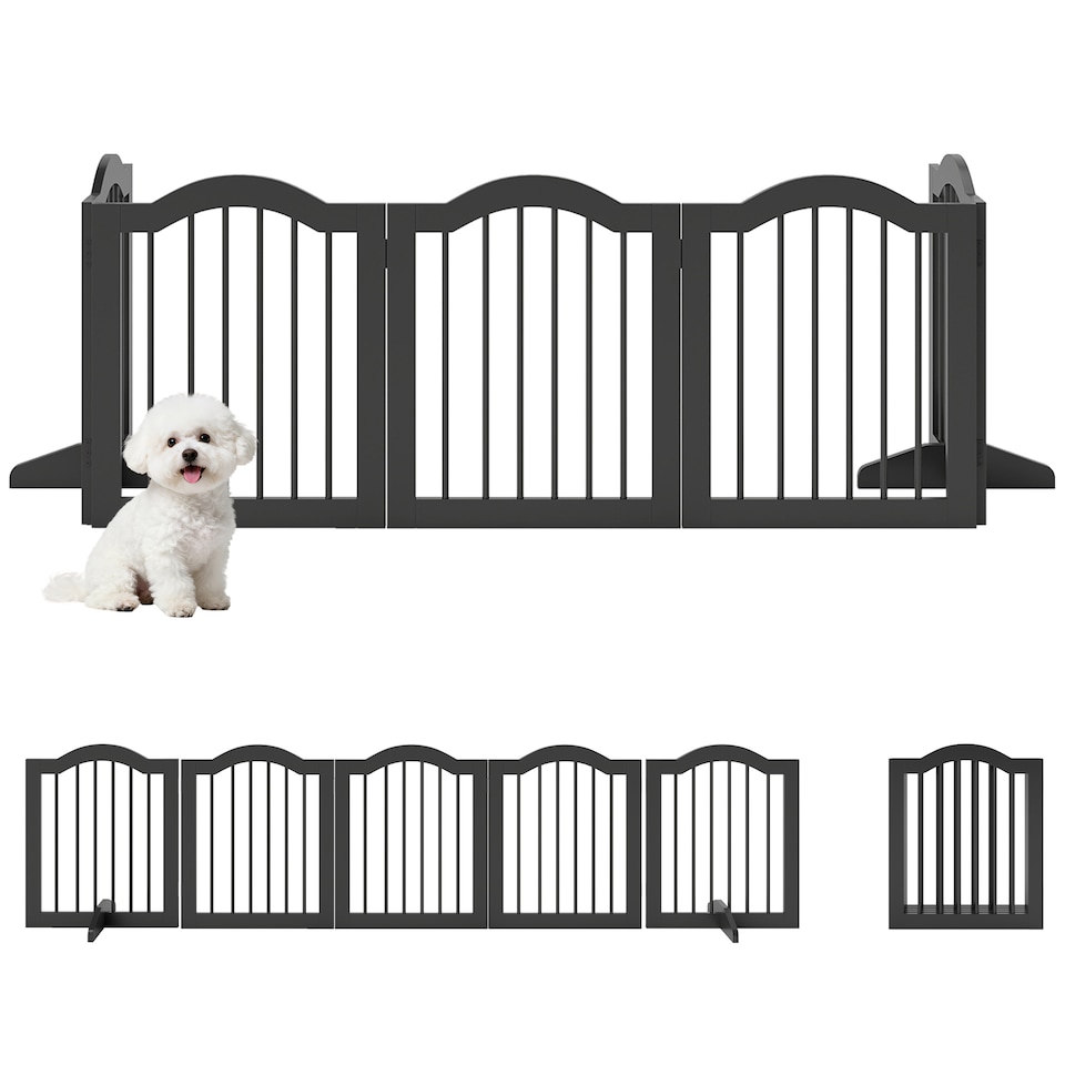 image 1 of PawHut Dog Gate 5 Wood Panel Freestanding Pet Fence Folding Safety Barrier