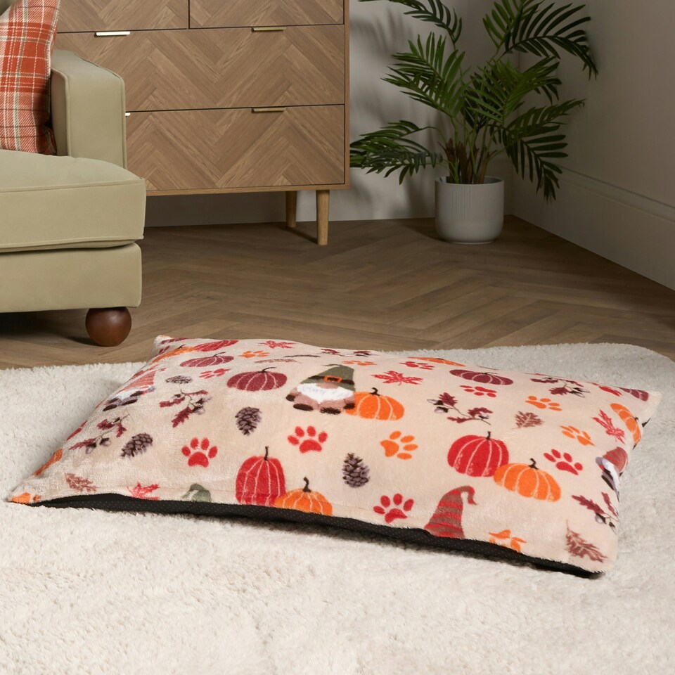 image 1 of OHS Dog Paw Print Soft Plush Plump Cosy Autumn Pumpkin Stripe Leopard Pet Bed Cushion, 80x60cm Brown | Natural - Autumnal | L