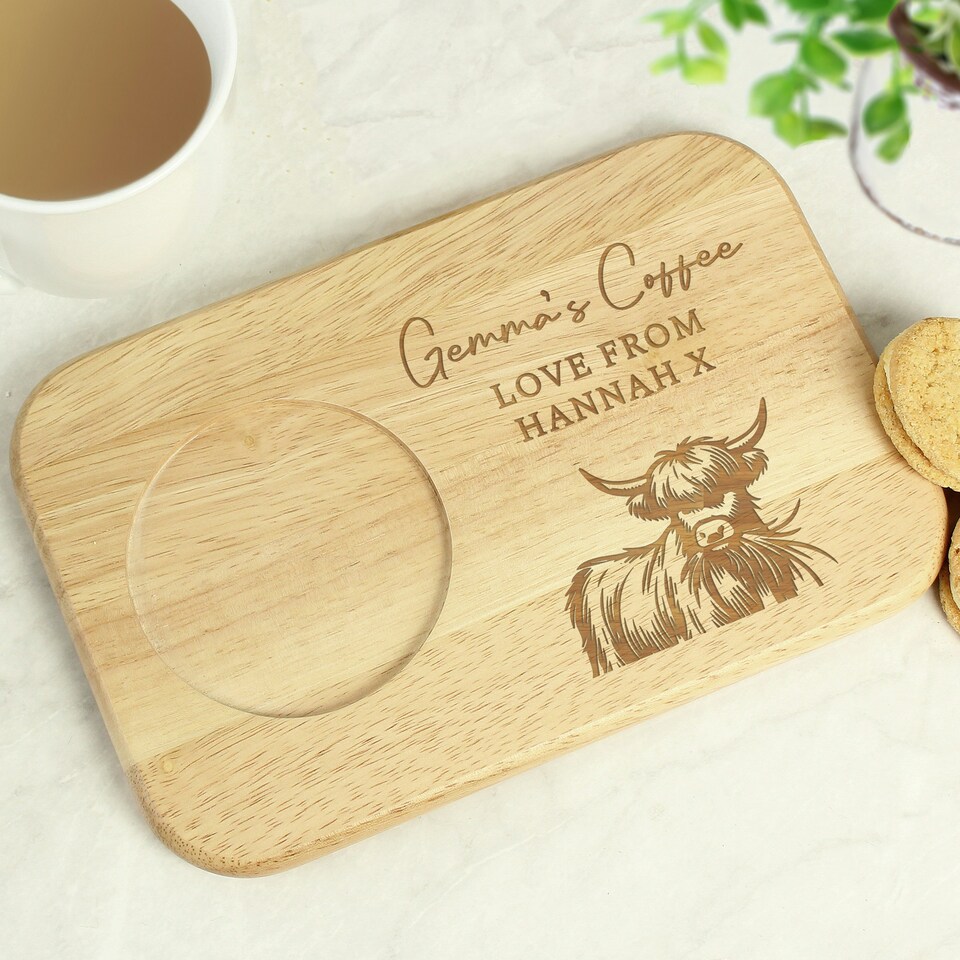 image 1 of Personalised Highland Cow Wooden Coaster Tray