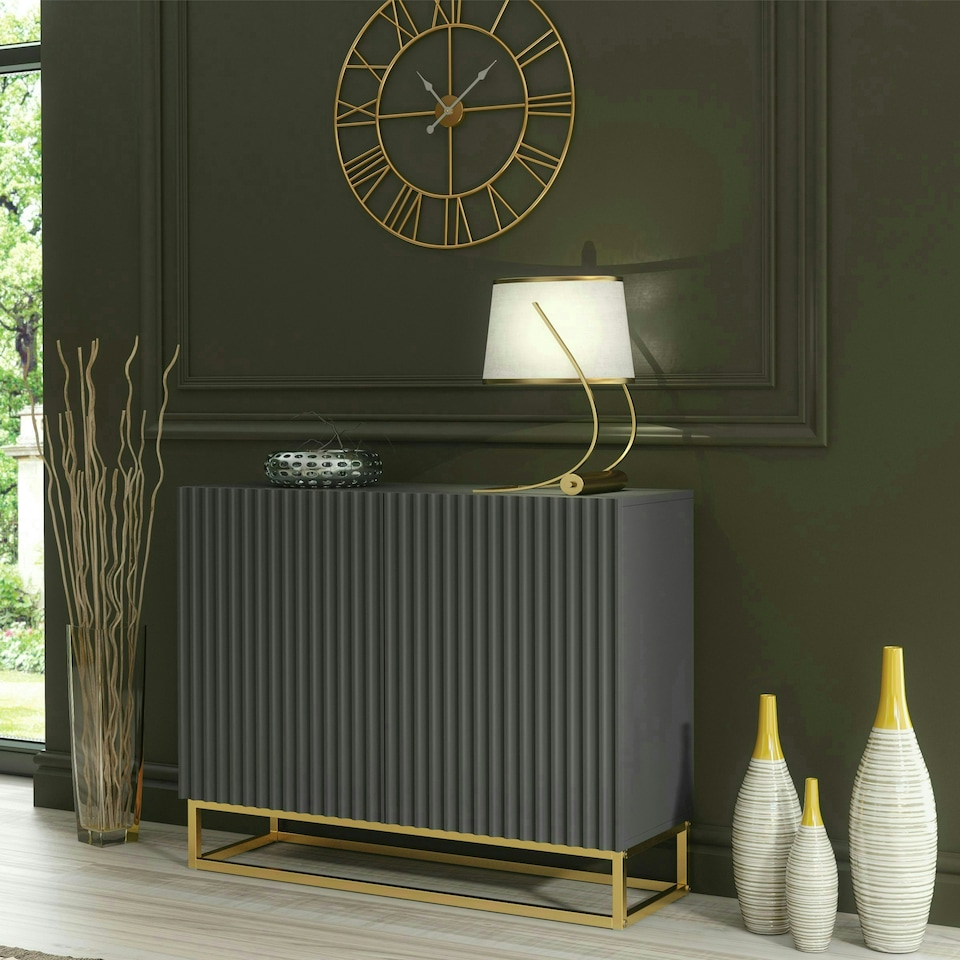 image 1 of Grey Sideboard 100cm Fluted Doors Gold Frame Modern Storage Cabinet Grey