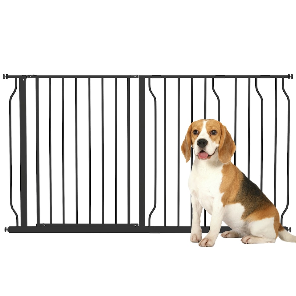 image 1 of PawHut Dog Gate Wide Stair Gate w/ Door Pressure Fit, 75-145W cm, Black