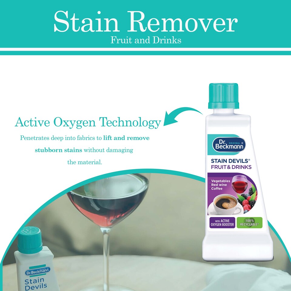image 1 of Dr Beckmann Stain Devils Fruit and Drink Stain Remover 50ml Pack of 2 for Coffee Tea Wine Juice Fabric Spot Cleaning Solution
