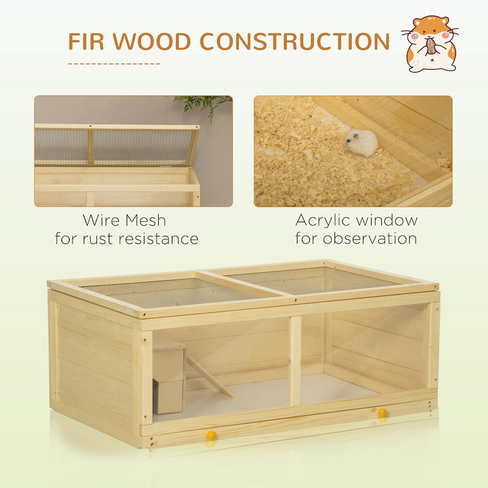 image 1 of PawHut Wooden Hamster Cage w/ Sliding Tray, Openable Top, Hut, Natural Wood