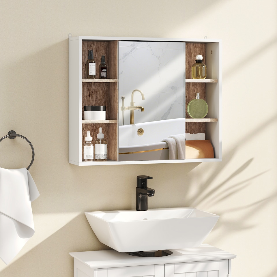 image 1 of HOMCOM Bathroom Mirror Cabinet, Wall Mounted Storage Cabinet with Open Cupboard and Adjustable Shelf, White