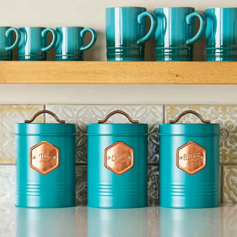 image 1 of Cooks Professional 3-Piece Kitchen Storage Set | Tea Coffee Sugar Cannisters | Teal & Copper