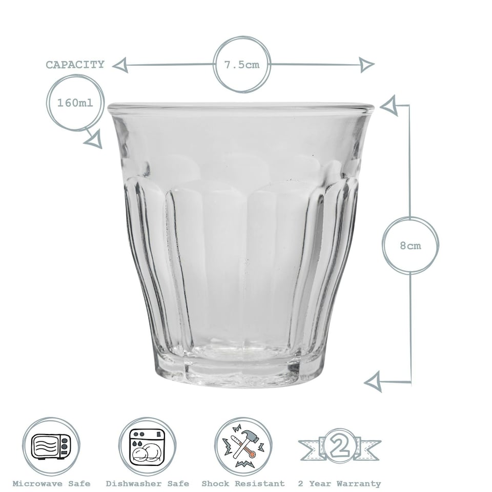image 1 of Duralex Picardie Drinking Glasses - 160ml Tumblers for Water, Juice - Pack of 6 Clear