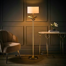ValueLights Christina White Drum Shade Gold Palm Leaf Detail Single Stem Floor Lamp Gold