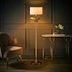 image 1 of ValueLights Christina White Drum Shade Gold Palm Leaf Detail Single Stem Floor Lamp Gold