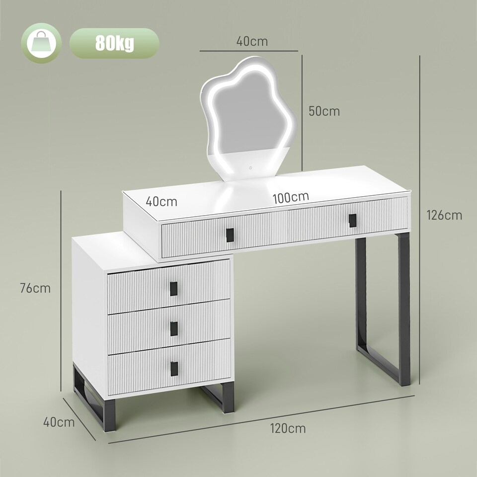 image 1 of HOMCOM Dressing Table with LED Leaf Shape Mirror and 5 Drawers, White White