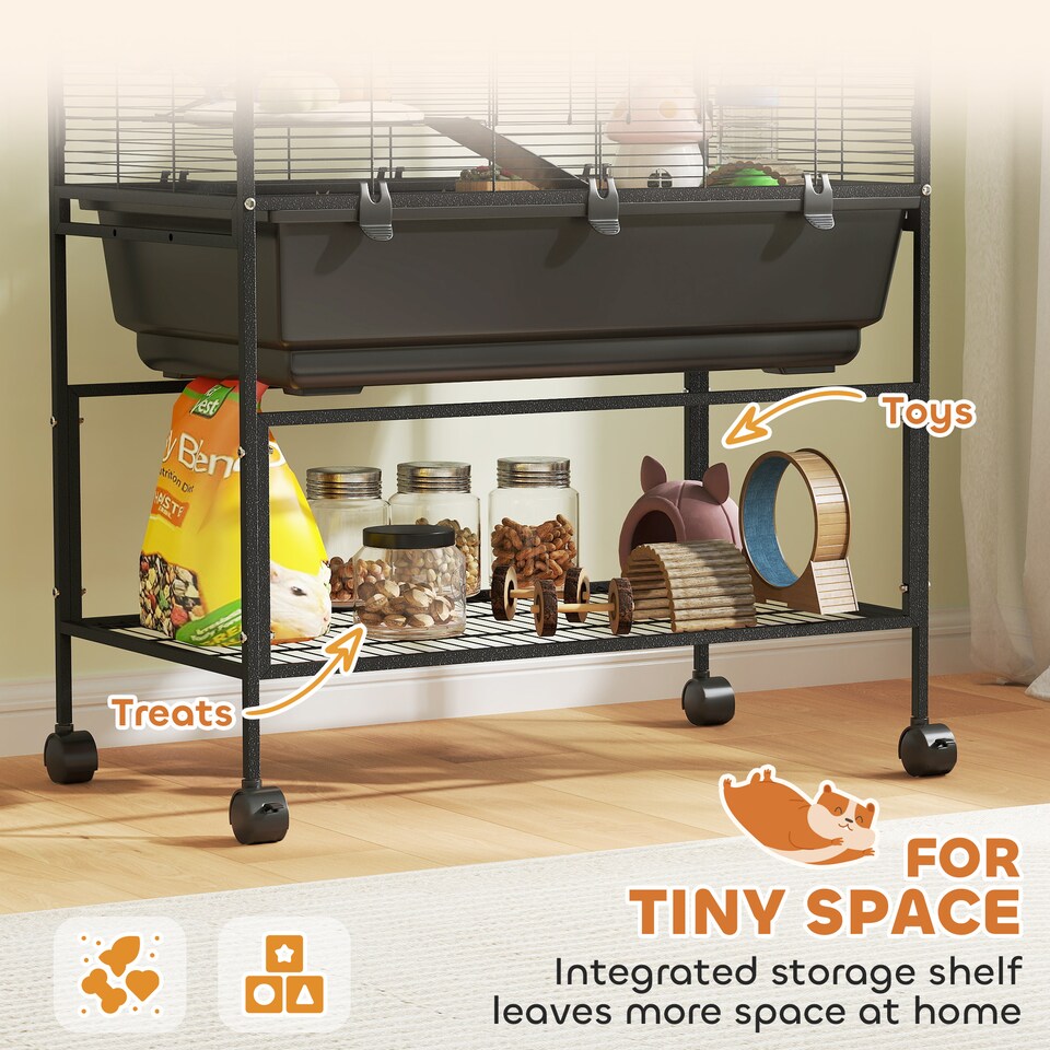 image 1 of PawHut Hamster Cage, 3 Tier Gerbil Cage on Wheels with Storage Shelf