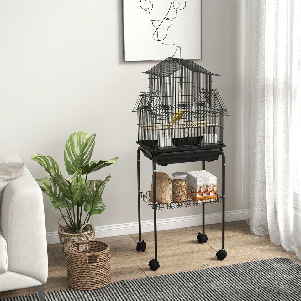 image 1 of PawHut Metal Bird Cage w/ Perch, Food Container, Handle, for Finch, Canary