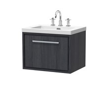 Balterley Longnor 1 Drawer Wall Hung Vanity Unit with 3 Tap Hole Modern Fireclay Basin, Woodgrain Graphite Grey, 600mm
