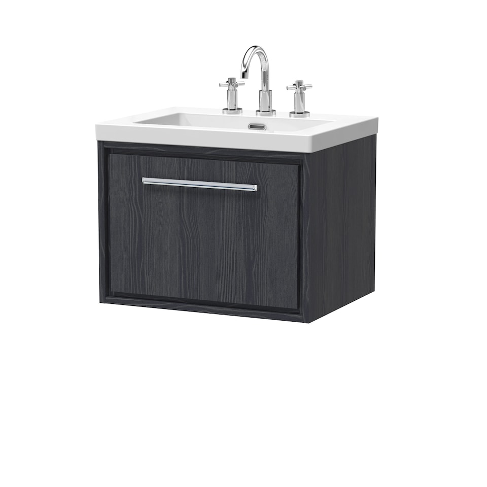 image 1 of Balterley Longnor 1 Drawer Wall Hung Vanity Unit with 3 Tap Hole Modern Fireclay Basin, Woodgrain Graphite Grey, 600mm