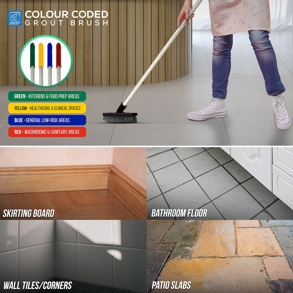image 1 of Colour-Coded Angled Grout Brush with Handle 180° Swivel Tile & Corner Scrubber