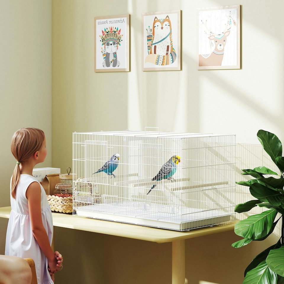 image 1 of PawHut Bird Cage with Divider, 4 Wooden Perches, Slide Out Tray, White