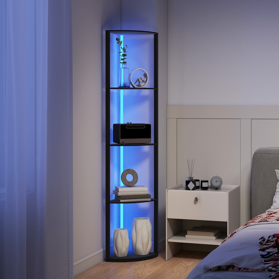 image 1 of HOMCOM RGB LED Floor Lamp with Shelves, 5-Tier Dimmable Standing Lamp with Adjustable Brightness and Remote Control, Modern Corner Display Shelf Unit for Living Room Bedroom Office, Black | Black