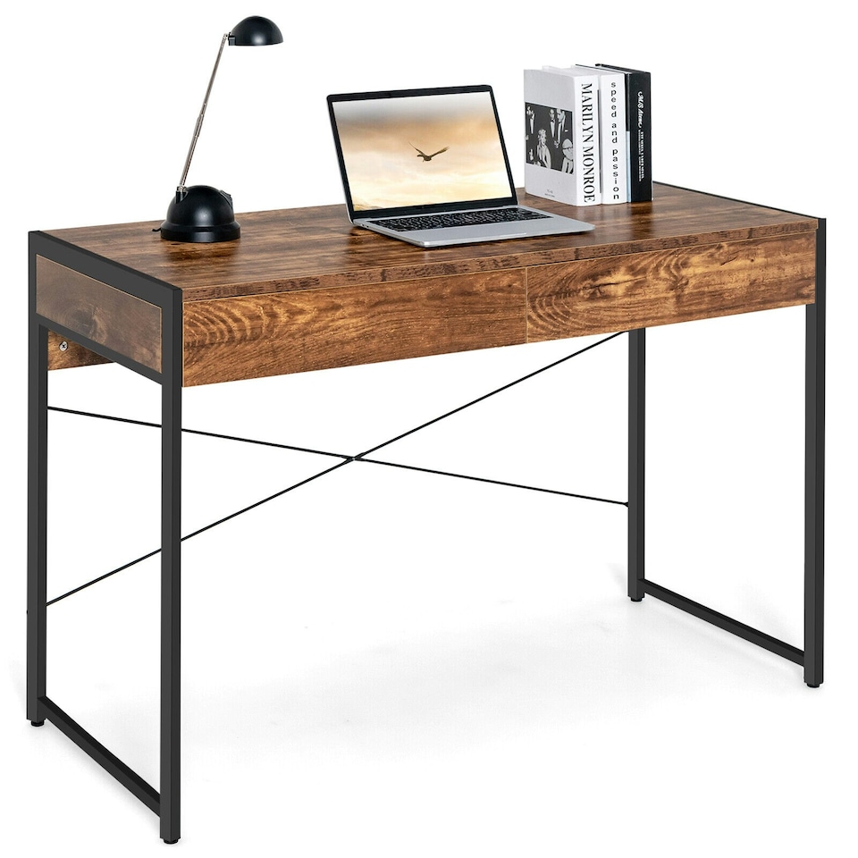 image 1 of COSTWAY Computer Desk Wooden Writing Workstation Coffee Brown