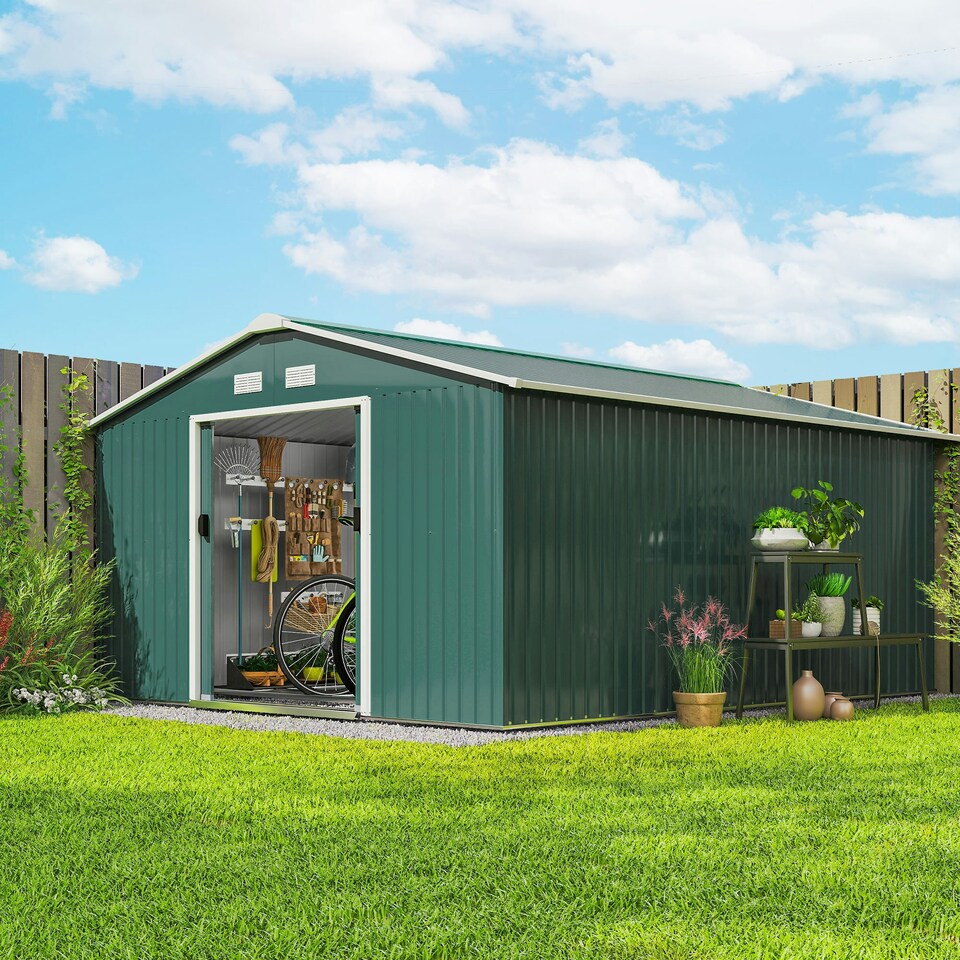 image 1 of Outsunny 13 x 11ft Garden Shed Storage with Foundation Kit and Vents, Green