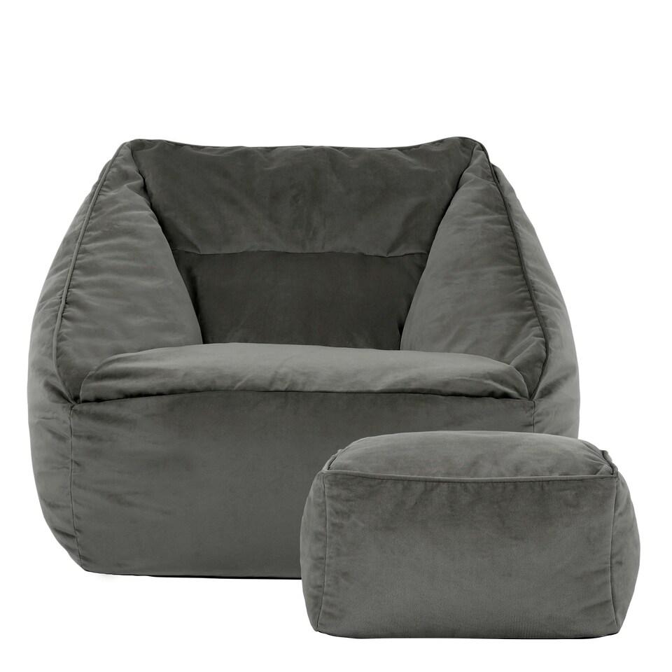 image 1 of icon Natalia Velvet Adults Bean Bag Armchair and Pouffe, Ready Filled Large Beanbag and Footstool Charcoal Grey Grey | Grey