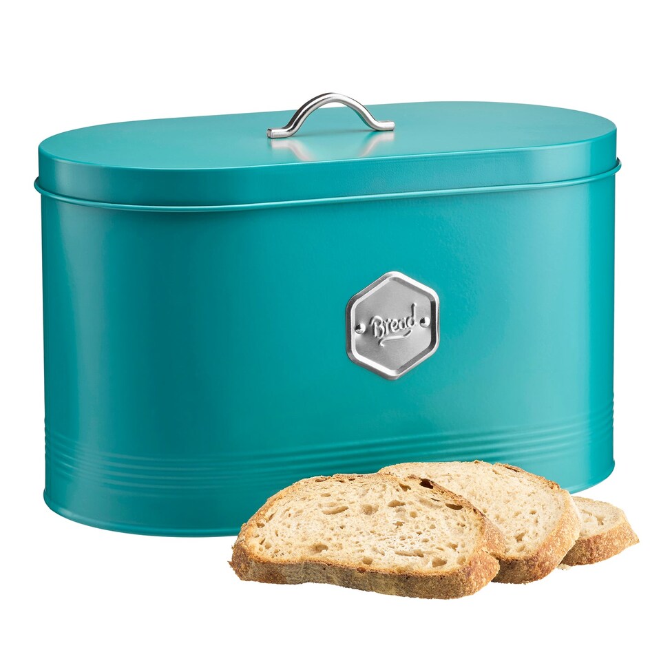 image 1 of Cooks Professional Bread Bin - Metal Food Storage Cannister with Nameplate | Blue | Teal & Silver