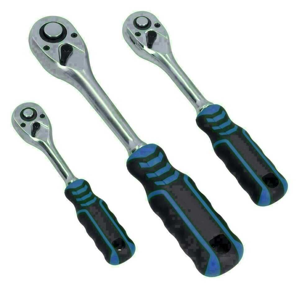 image 1 of 1/4in 3/8in 1/2in Drive Ratchets Straight Handle 90 Teeth Quick Release 3pc Set