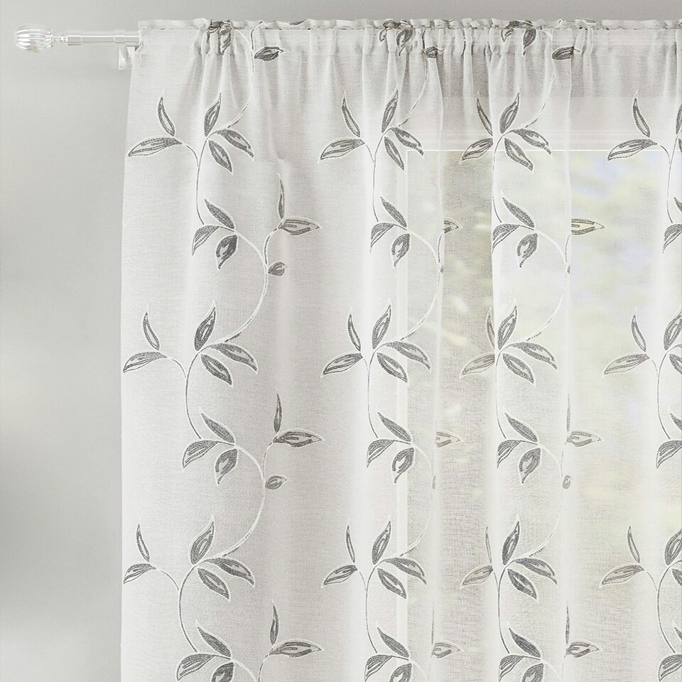 image 1 of Pair of Oasis Grey Embroidered Leaf Pattern Voile Panels 229 cm (90 inch) Rod Pocket Panels for Bedroom and Living Room
