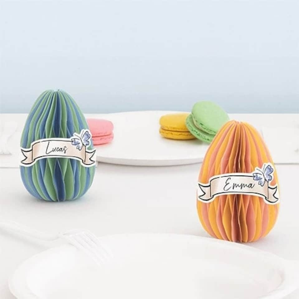 image 1 of Easter Egg Shaped 3D Honeycomb Customisable Place Card Decorations - Pack of 4