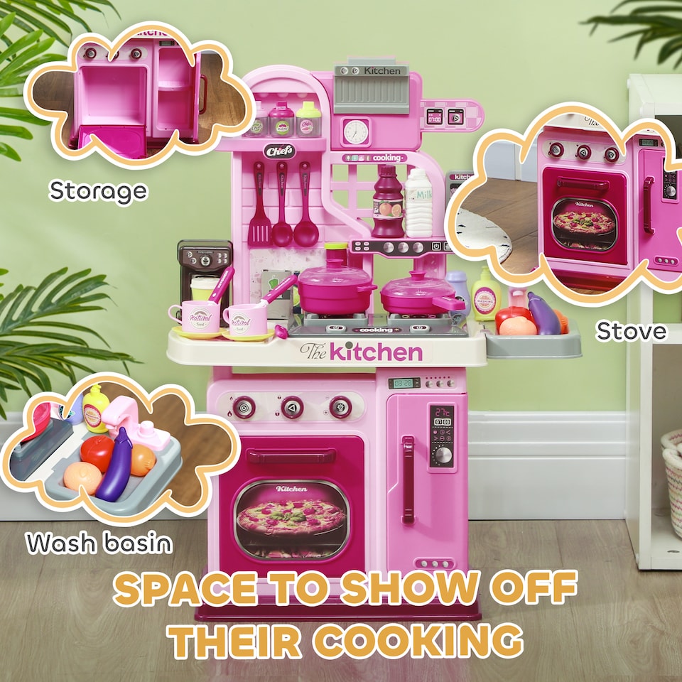 image 1 of AIYAPLAY Kids Kitchen with 33 Pieces, Light, Sound, Storage