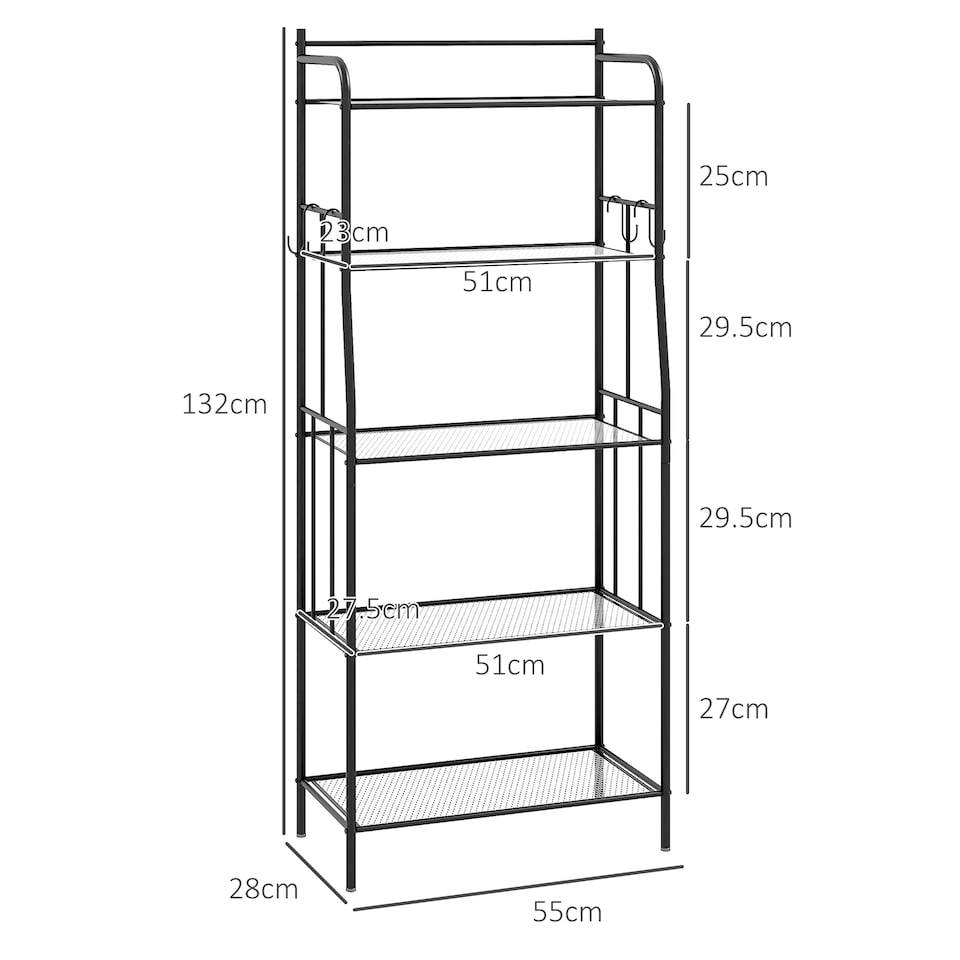 image 1 of HOMCOM 5-Tier Kitchen Storage Unit, Microwave Stand with 5 Mesh Open Shelves and 4 Hooks, Modern Coffee Bar Station with Steel Frame for Living Room, Black