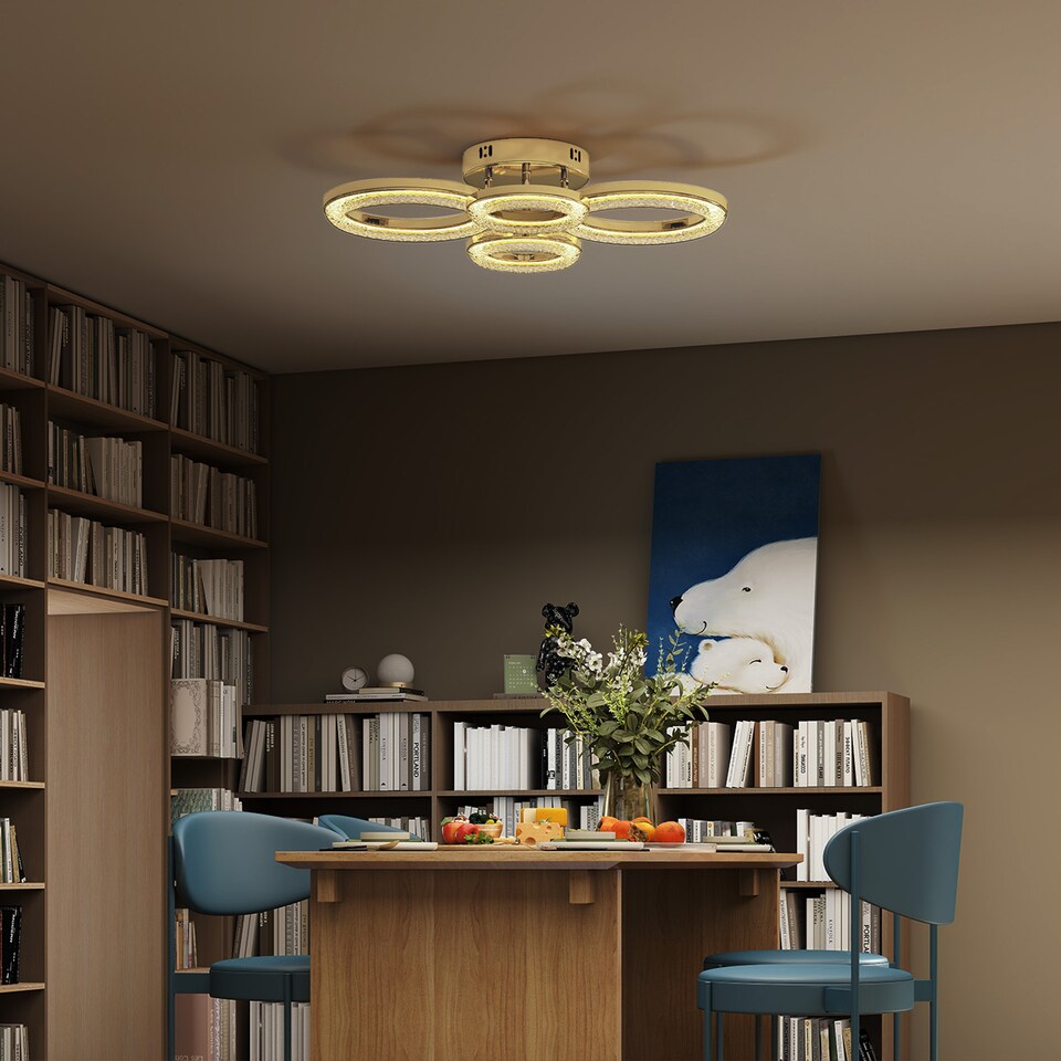 image 1 of HOMCOM LED Ceiling Light, Modern 4 Rings Ceiling Lamp with Wall Switch Control, 40W 4350lm Flush Mount Ceiling Light with 3500K/4500K/6000K Colour Temperatures for Living Room, Bedroom, Gold Tone | Gold