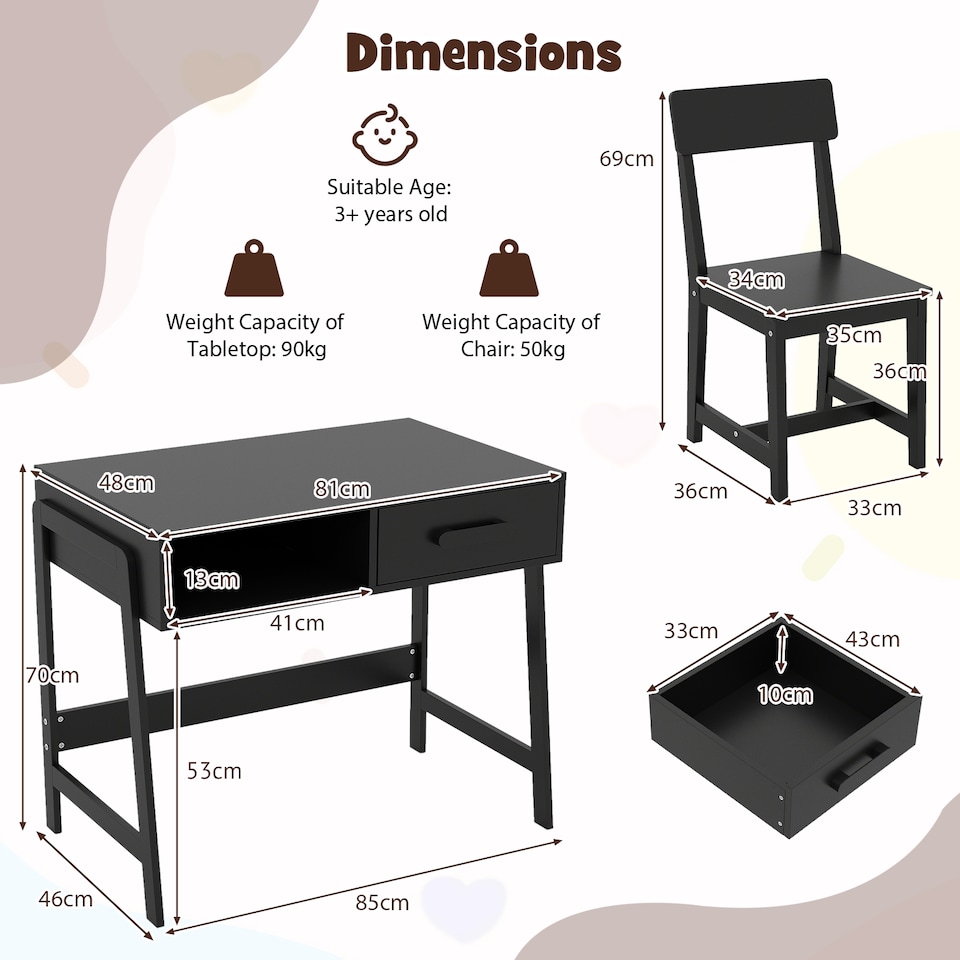image 1 of COSTWAY Kids Desk and Chair Set with Drawer Black