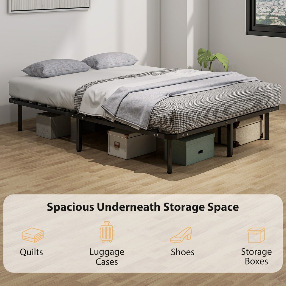 image 1 of HOMCOM 4ft6 Double Bed Frame, Metal Platform Bed Frame with 28 Wood Slats