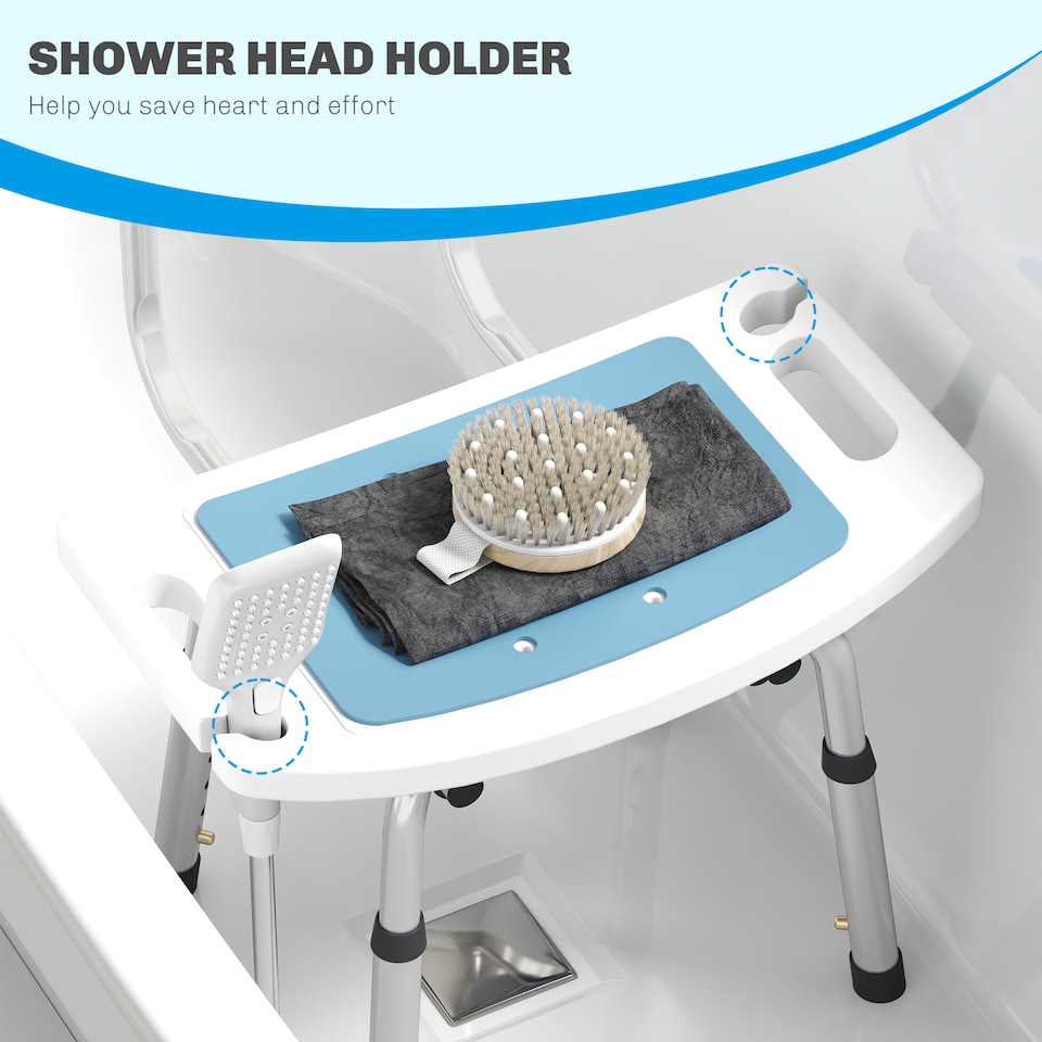 image 1 of HOMCOM Shower Chair for the Elderly and Disabled, 6-Level Height Adjustable Shower Stool with Backrest, Curved Seat, Anti-slip Foot Pads and Shower Head Holder, Light Blue