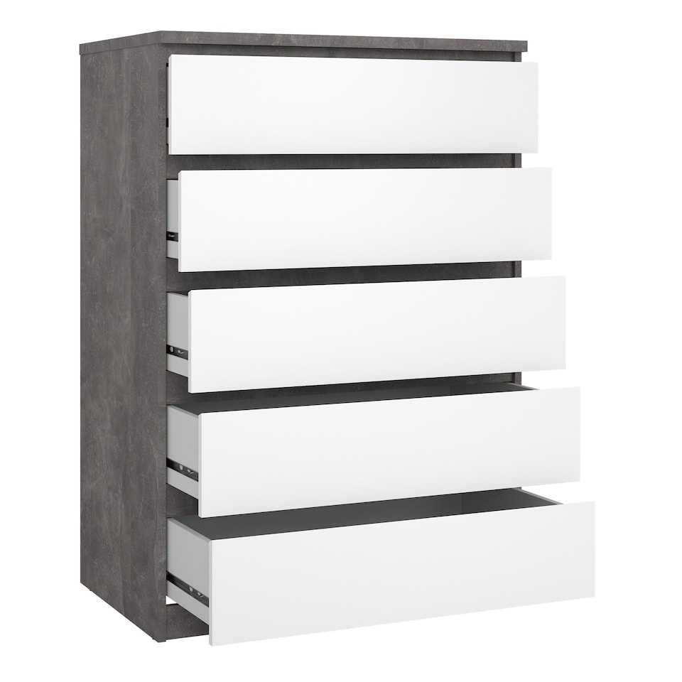 image 1 of Naia Chest of 5 Drawers in Concrete and White High Gloss