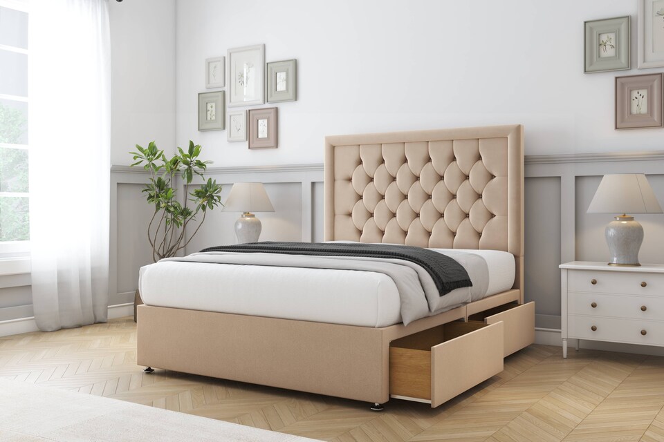image 1 of Sloomy Montana Pebble Plush Divan Bed Base No Drawers With 26 Inch Strutted Headboard | Brown | Pebble | Double | 1