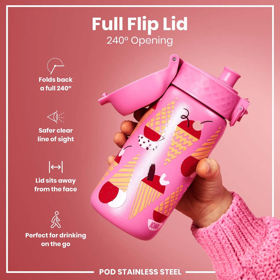image 1 of Leak Proof Kids Water Bottle, Stainless Steel, 400ml (13oz) | Pink | Ice Creams | One Size