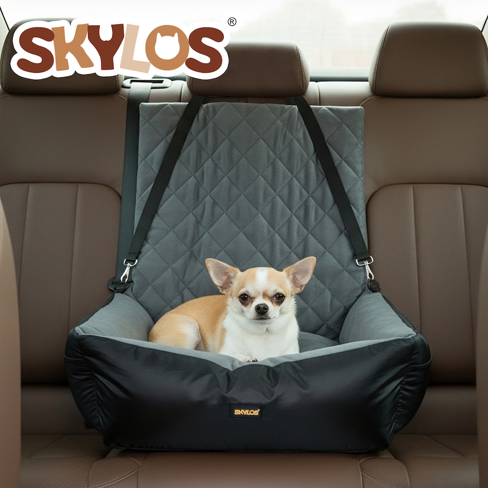 image 1 of Skylos Dog Booster Car Seat Travel Carrier Plush Bed Basket Portable Pet Grey