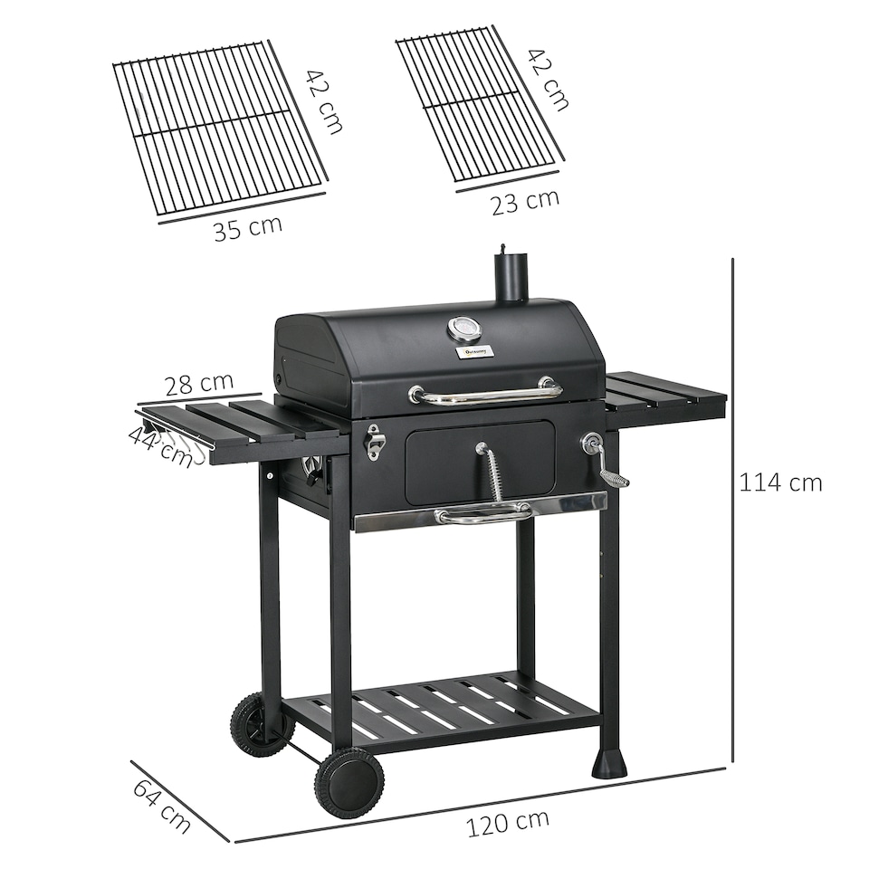image 1 of Charcoal BBQ Grill Smoker Trolley with Shelves, Bottle Opener and Wheels