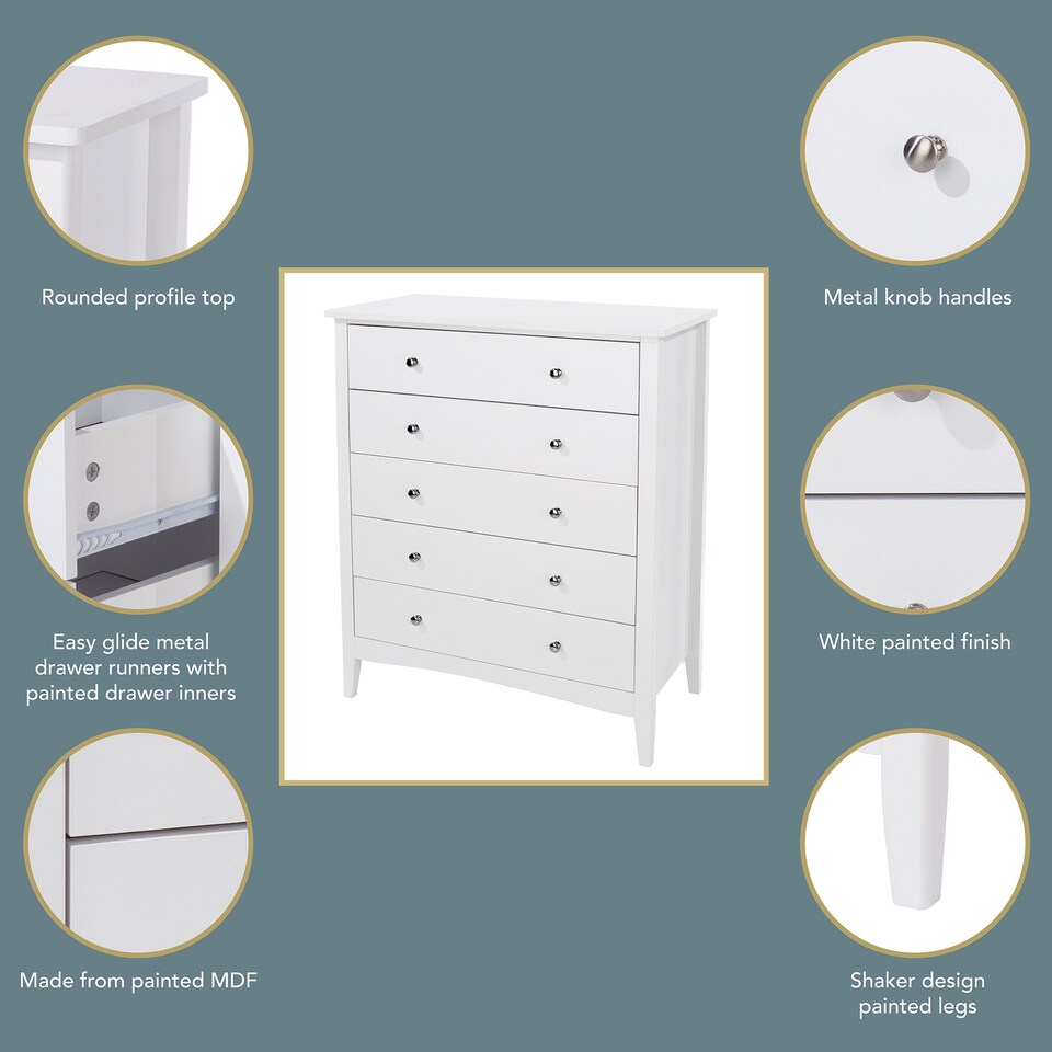 image 1 of Como 5 Drawer Chest of Drawers - Shaker Style Bedroom Storage Cabinet with Space Saving Design | White | White | 1