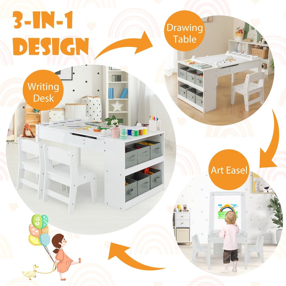 image 1 of COSTWAY 2-in-1 Kids Wooden Art Table and Art Easel Set With Chairs Storage Bins Paper Roll